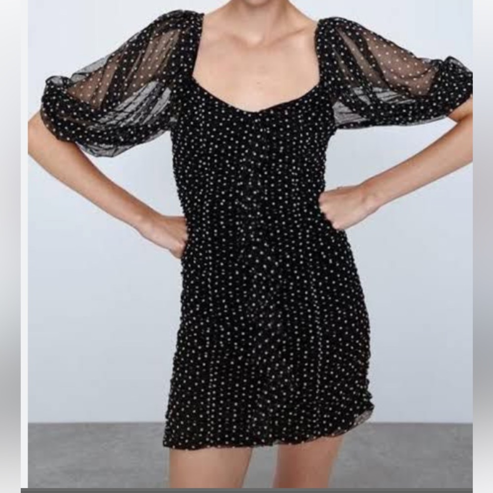 Zara navy polka dot dress with puffy sleeves. Size XS